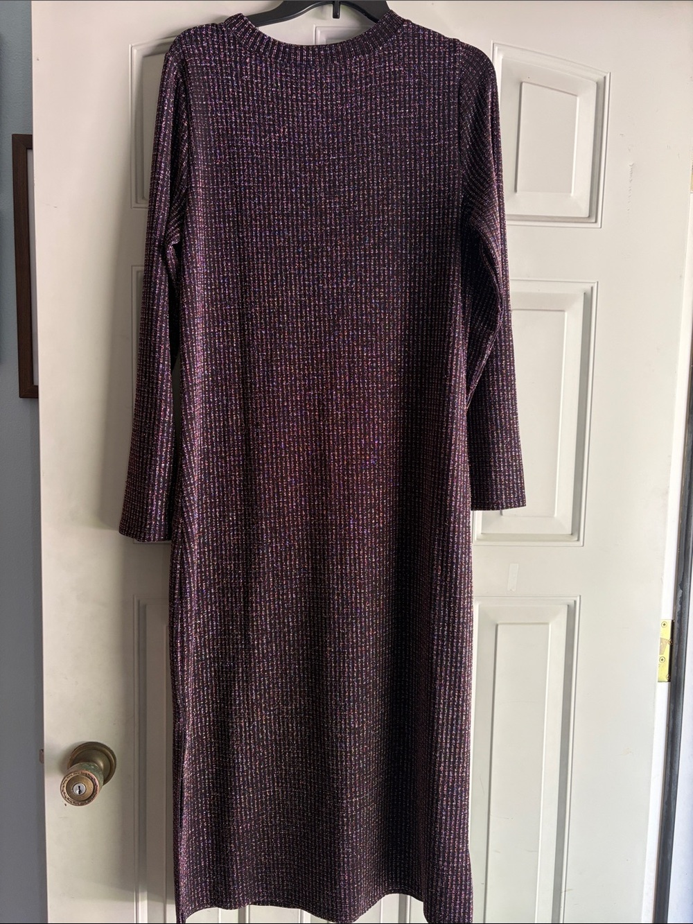 NWT LOFT BLACK MULTICOLOR LONG SLEEVE SIDE SLIT SHIMMER DRESS - Size Large - Picture 4 of 4